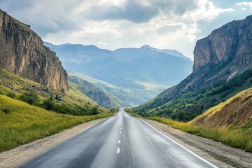 Naklejka premium Scenic mountain road disappearing into a valley.