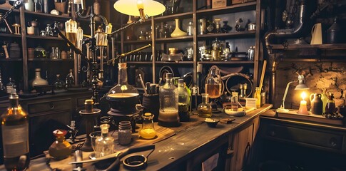 A dimly lit medieval alchemists laboratory with magical potions, scrolls, and ancient tools.