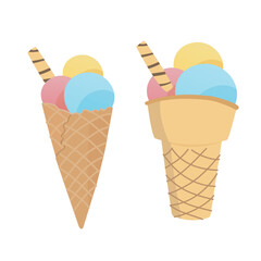 Cone ice cream vector. Summer element. Summer food. Dessert, sweet food. Yummy street food, confectionery snacks. Cone waffle with filling, ice cream balls in cup, ice cream in cone. Flat vector.