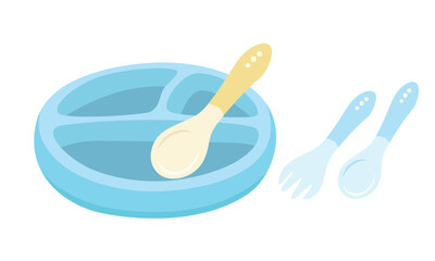Blue baby food tray or baby feeding tray vector illustration in cartoon style isolated on white background. Baby element clipart in flat design.