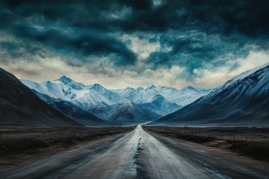 Dramatic mountain road under a stormy sky.