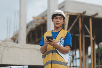 smart asian engineer holding smartphone and call with costumer about building information, he...