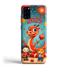 Obraz premium Whimsical celebration of the dragon a joyful 2025 festivity with children and fireworks, digital illustration of character design concept.