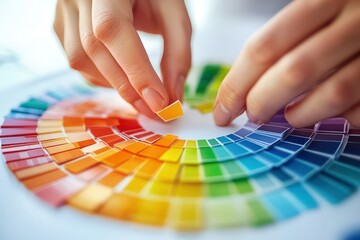 A pair of hands assembling a colorful, segmented diagram, each piece labeled with business concepts such as sales, marketing, and finance, set against a bright, neutral background.