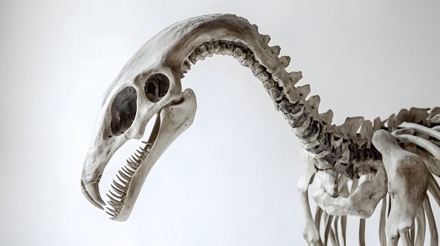 The skeleton of a Parasaurolophus, featuring its long, curved crest on a white background