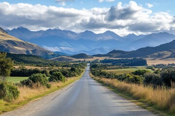 Scenic highway road through vast mountain valley landscape.