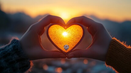 Fototapeta premium A heartwarming moment of a couple at sunset, with hands holding a heart-shaped engagement ring box, a sparkling diamond ring inside, the background showing golden light, distant mountains,