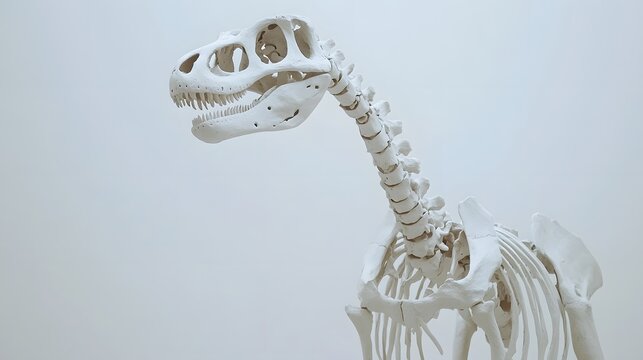 A skeleton of a Camarasaurus, with its relatively short neck and robust body, placed on a white backdrop