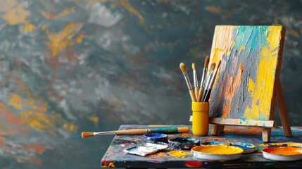 Entrepreneurship and opportunity-based ventures. A vibrant art studio scene featuring paintbrushes, colorful paints, and a textured canvas on an easel against a textured background.