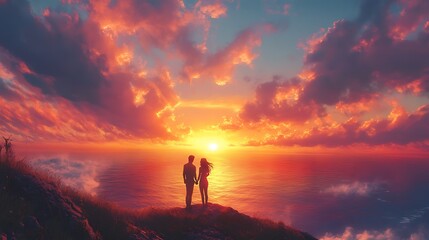 Fototapeta premium A heartwarming moment of a couple standing side by side on a cliff’s edge, holding hands while watching the sun setting over the vast ocean, clouds glowing in vibrant hues,