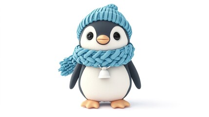 Obraz premium Adorable 3D Cartoon Penguin Wearing a Knitted Blue Scarf and Hat with a White Bell, Isolated on White Background.