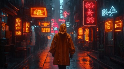 Obraz premium Rainy night, neon-lit alley, lone figure in raincoat.