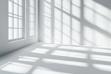Sunlight streams through windows into a bright, empty white room, casting shadows on the walls and floor.