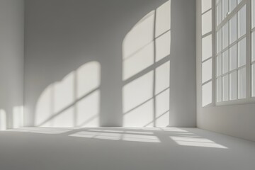 Obraz premium Sunlight streams through large window in minimalist white room, casting shadows on walls and floor.