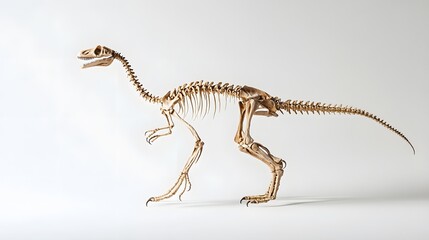 Obraz premium A skeleton of a Coelophysis, featuring its long, slender body and delicate bones, set against a white background
