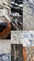 A collection of granite textures with varying patterns and colors, demonstrating the diversity in natural stone designs.
