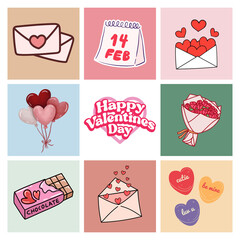 A vibrant Valentine's Day clip art featuring hearts, roses, cupid, and romantic elements. Perfect for cards, invitations, or decorations, adding charm and love to your creative projects.