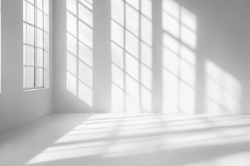 Sunlight streams through window casting shadows on a white room's wall and floor.