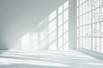 Fototapeta premium Sunlight streams through large window in minimalist white room. (1)
