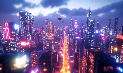 Fototapeta premium A vibrant city skyline at dusk with illuminated buildings and a drone in flight.