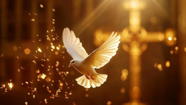 A serene white dove soars gracefully in front of a symbolic cross.