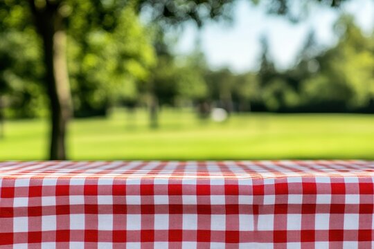 Empty red and white checkered picnic table outdoors.