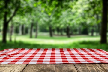 Red checkered picnic tablecloth on wooden table outdoors.