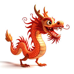 A playful red dragon with a cheeky grin and energetic pose against a white background, digital illustration of character design concept.