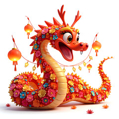 Obraz premium A festive floral dragon bringing cheer and color to celebrations with lanterns and flowers, 3d rendering of character design concept.