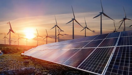 A stunning sunset illuminates a landscape dotted with wind turbines and solar panels, symbolizing renewable energy and sustainability.