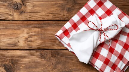 Obraz premium Table top gingham concept. A red and white checkered cloth tied neatly with a string, resting on a rustic wooden surface.
