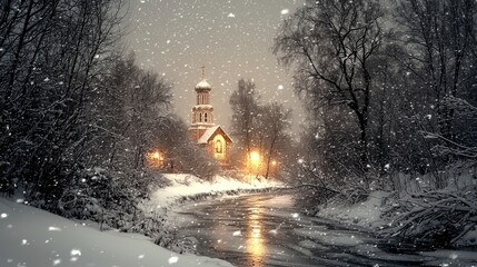Snowfall over Winter Church and River