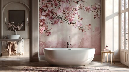 Textured wallpaper in pastel hues with floral motifs, adorning a luxury bathroom wall