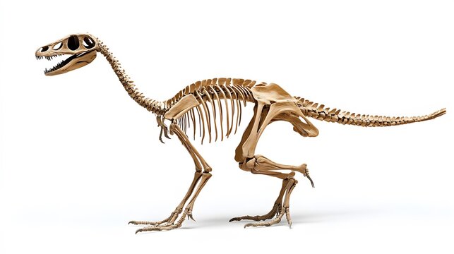 A skeleton of a Troodon, featuring its bird-like features and slender build, on a white background