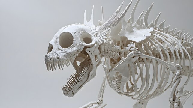 A skeleton of a Stygimoloch, with its dome-shaped skull and spiky features, displayed on a white background