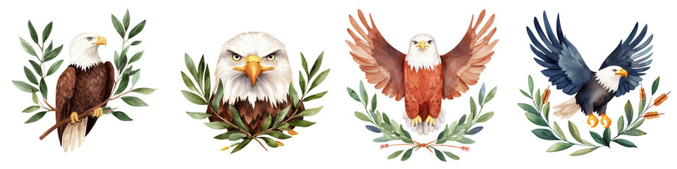 Obraz premium Presidents day element, Eagles depicted with olive branches and arrows, symbolizing peace, isolated on transparent background.