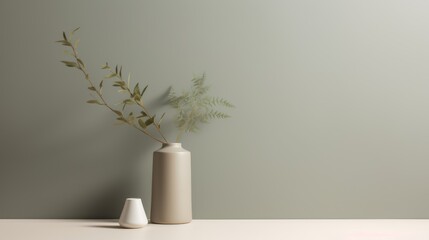 Fototapeta premium Greenery and Minimalist Vases Against a Sage Green Wall