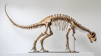 Obraz premium A skeleton of a Alamosaurus, featuring its massive frame and long tail, displayed on a white backdrop