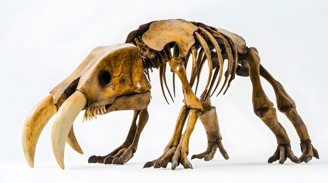 A skeleton of a Platybelodon, with its unique, shovel-shaped teeth and tusks, placed on a white backdrop