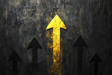 A minimalist concept of a single yellow upward arrow shining brightly, contrasting against muted black arrows and a textured black background.