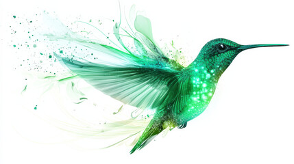 Fototapeta premium A luminous emerald green hummingbird with radiant neon accents and clean, intricate details, floating with dynamic energy