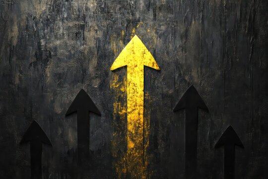 A minimalist concept of a single yellow upward arrow shining brightly, contrasting against muted black arrows and a textured black background.
