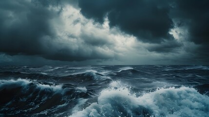 A violent sea storm under dark, cloudy skies with massive turbulent waves crashing.