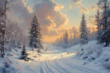 Fototapeta premium Snow-covered path, winter forest, sunset sky.