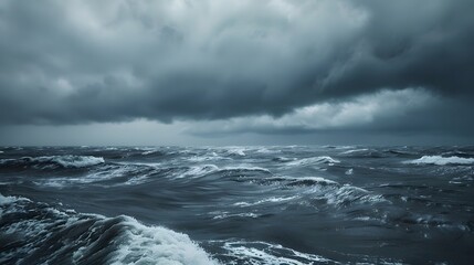 Obraz premium Massive turbulent waves clash under dark storm clouds in an intense sea storm setting.