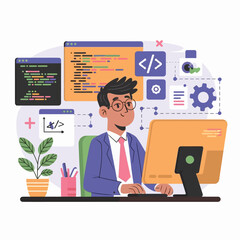 Flat illustration showing digital icons using various technologies in telecommunications