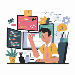 Flat illustration showing digital icons using various technologies in telecommunications