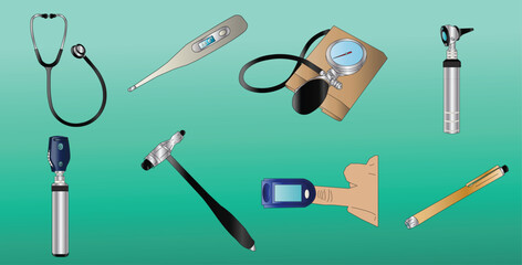 the doctor's equipment to perform general diagnosis: stethoscope, thermometer, sphygmomanometer, otoscope, ophthalmoscope, reflex hammer, pulse oximeter, penlight.