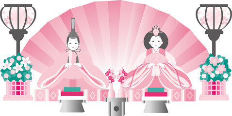 雛祭り　ひなまつり　人形　桃の節句　春　手描き　飾り　イラスト素材