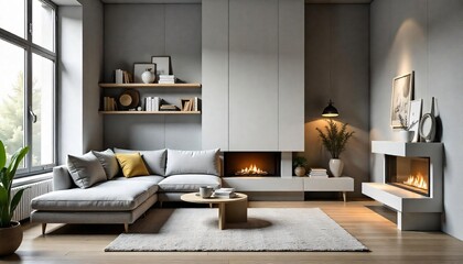 Fototapeta premium Modern Living Room Interior Design Cozy Fireplace Sectional Sofa and Stylish Decor